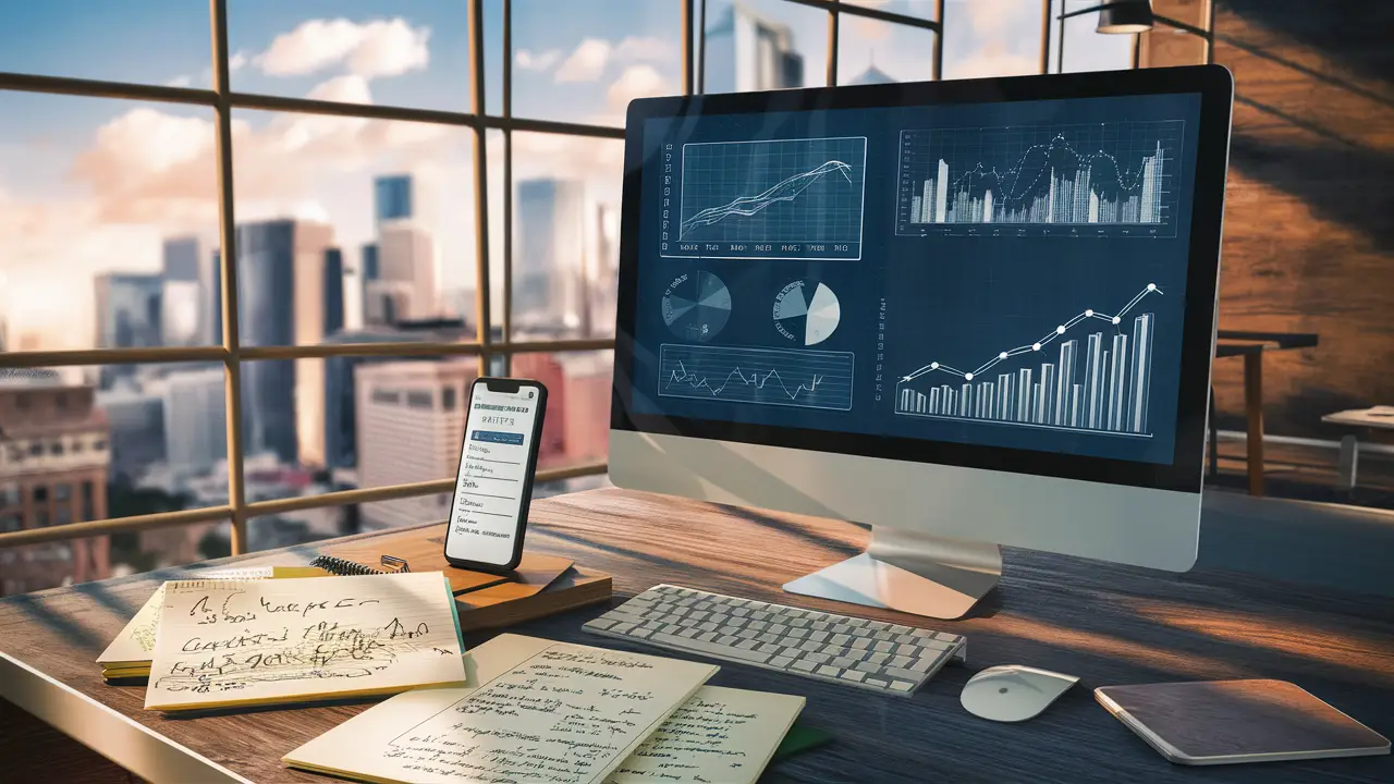 Computador e smartphone em uma mesa de escritório com gráficos e lista de contatos, com janela mostrando skyline da cidade ao fundo.