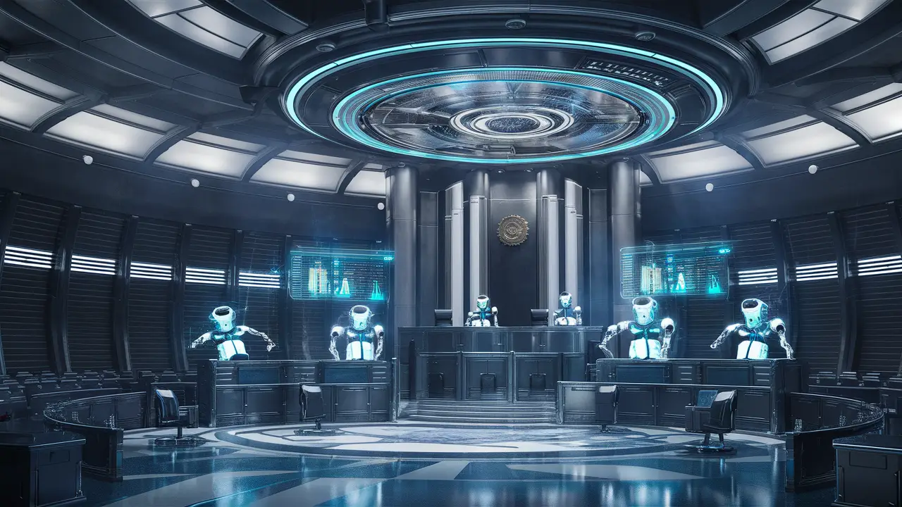 Tribunal futurista com hologramas e assistentes robóticos em design metálico e luzes azuis e brancas.
