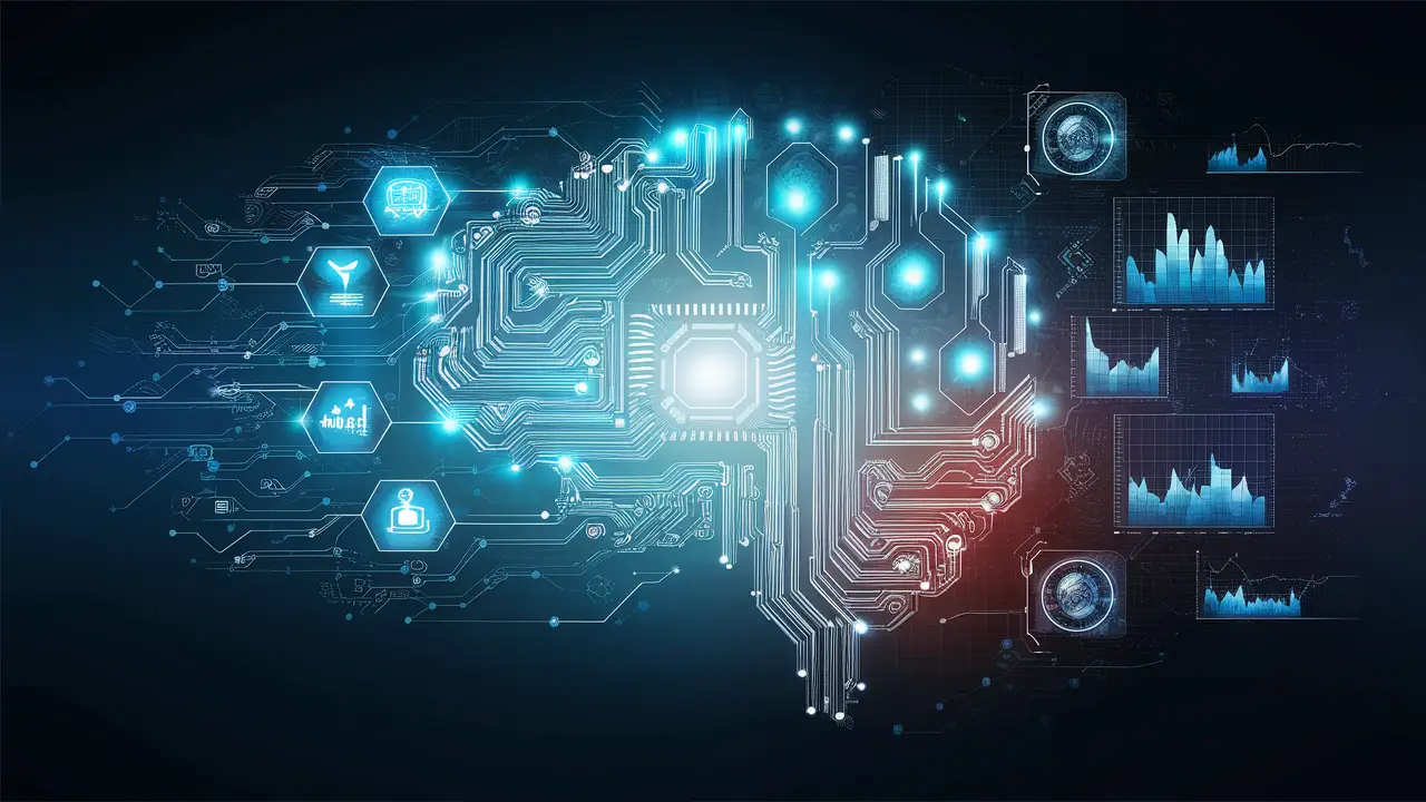 Interface digital com ícones de IA, engrenagens, gráficos e um cérebro estilizado em uma tela azul.
