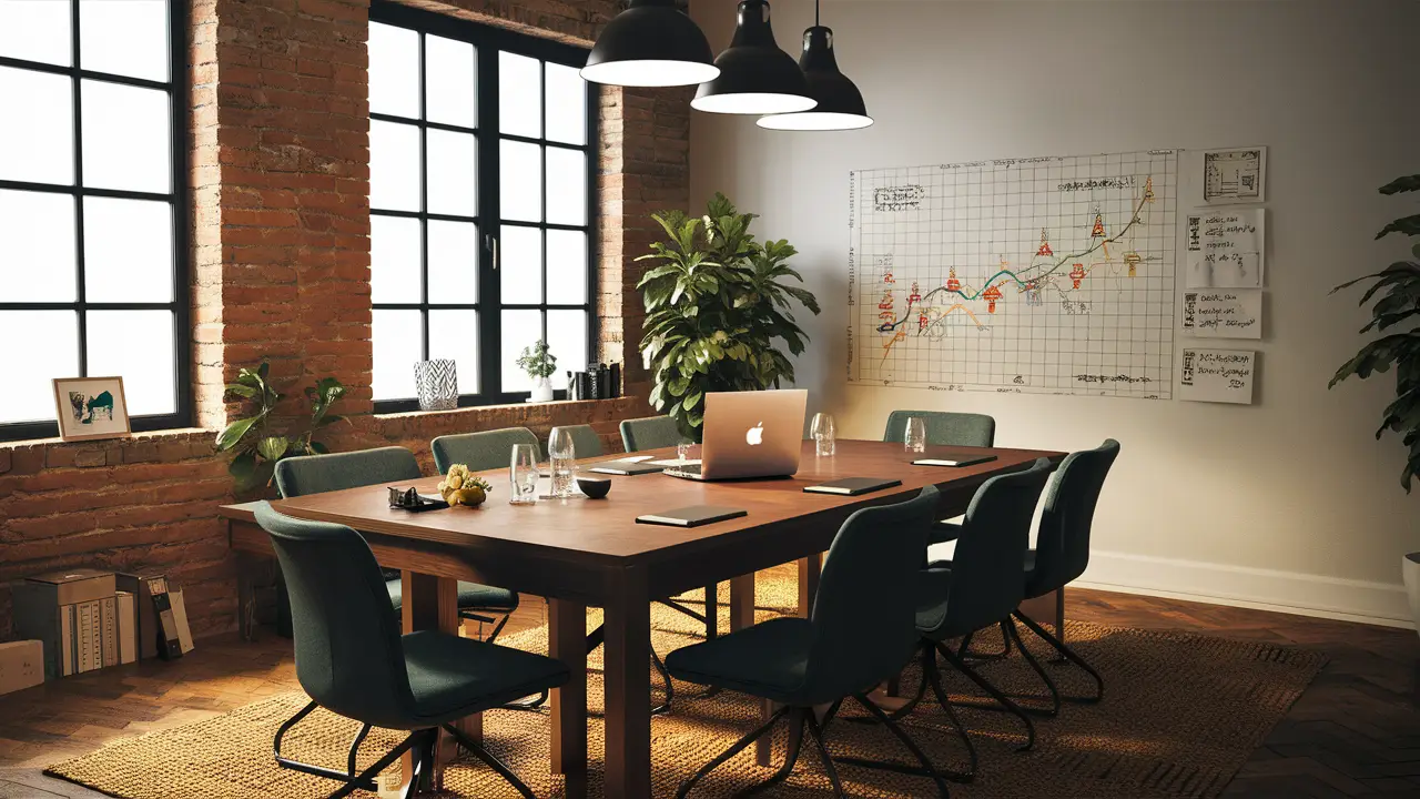 Sala de reuniões com mesa de madeira, cadeiras de couro preto, laptop e quadro branco com esboços.