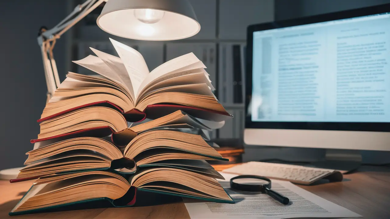 Pilha de livros jurídicos abertos com lupa sobre mesa de madeira e tela de computador ao fundo exibindo documentos legais.