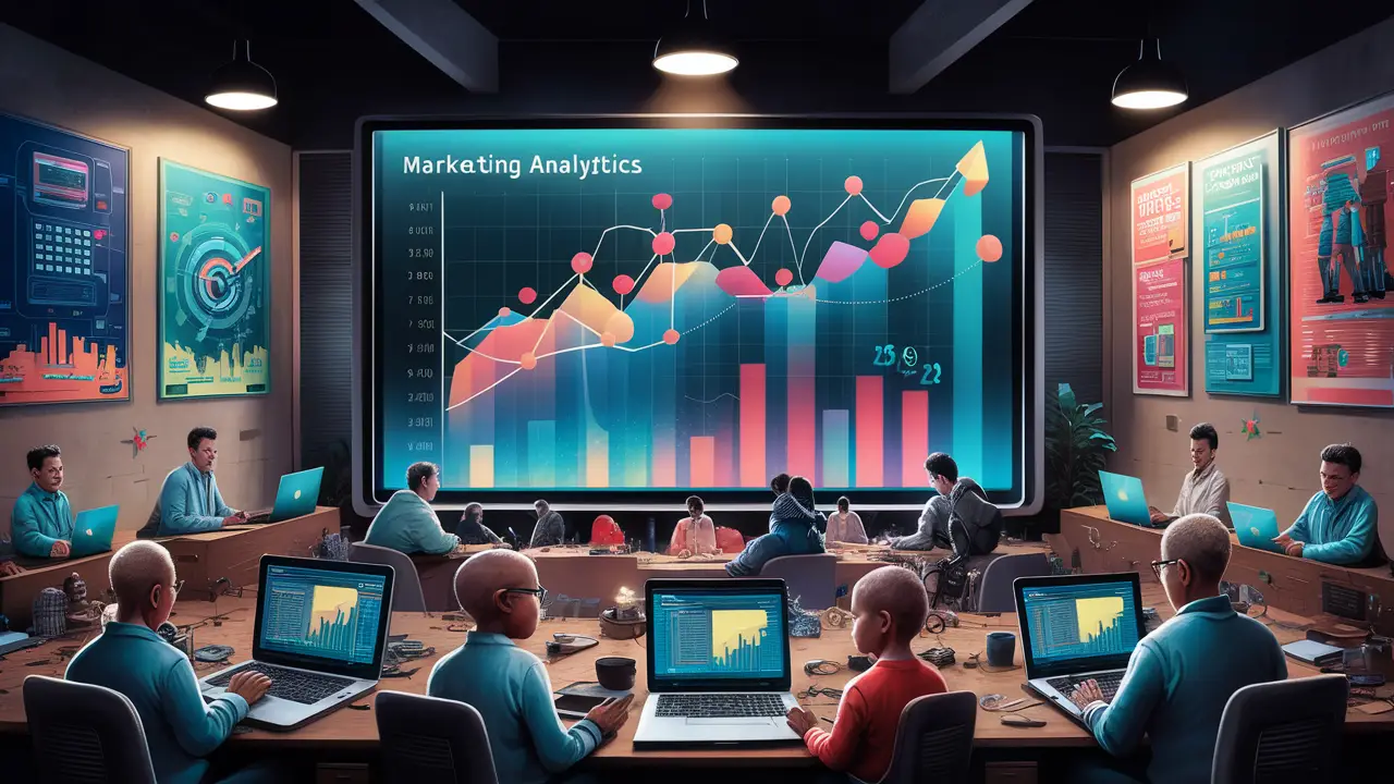 Tela digital em escritório moderno exibindo gráficos de análises de marketing, com pessoas trabalhando em laptops com software de IA.