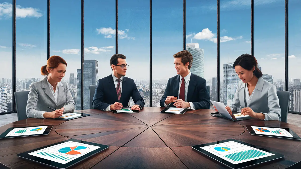 Pessoas em trajes formais em torno de uma mesa discutindo estratégias de marketing com tablets e gráficos.