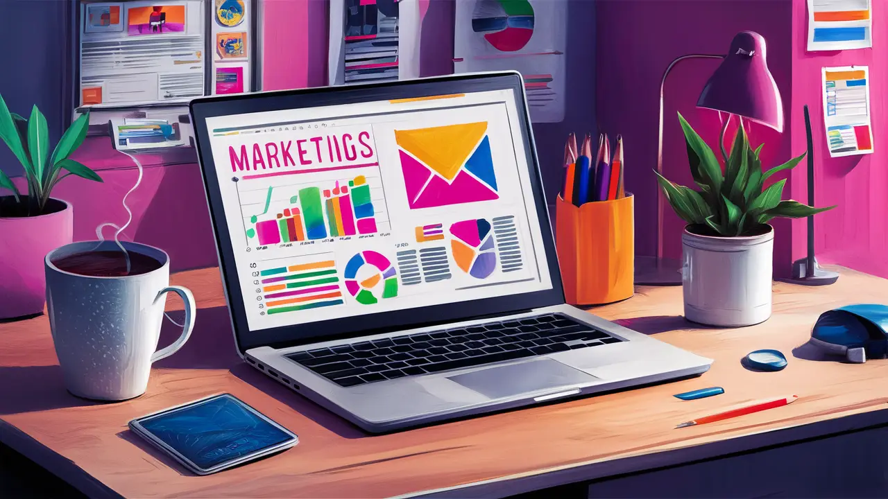 Laptop em mesa de escritório com gráficos de marketing, café e planta ao fundo.