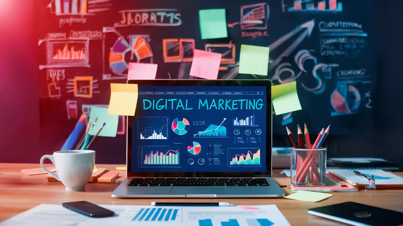 Mesa com laptop mostrando painel de marketing digital e gráficos coloridos, cercado por notas adesivas e uma xícara de café.