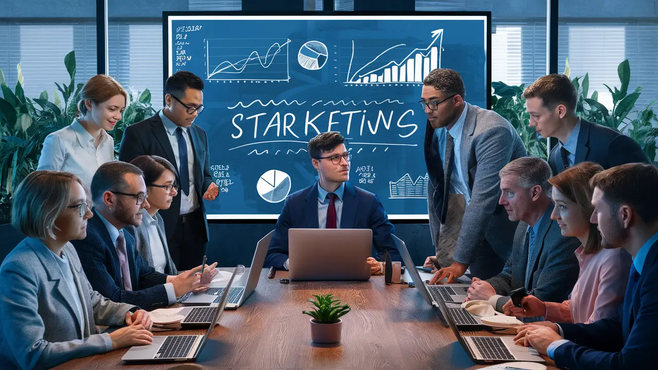Profissionais em escritório discutindo estratégias de marketing com laptops e gráficos em tela grande.