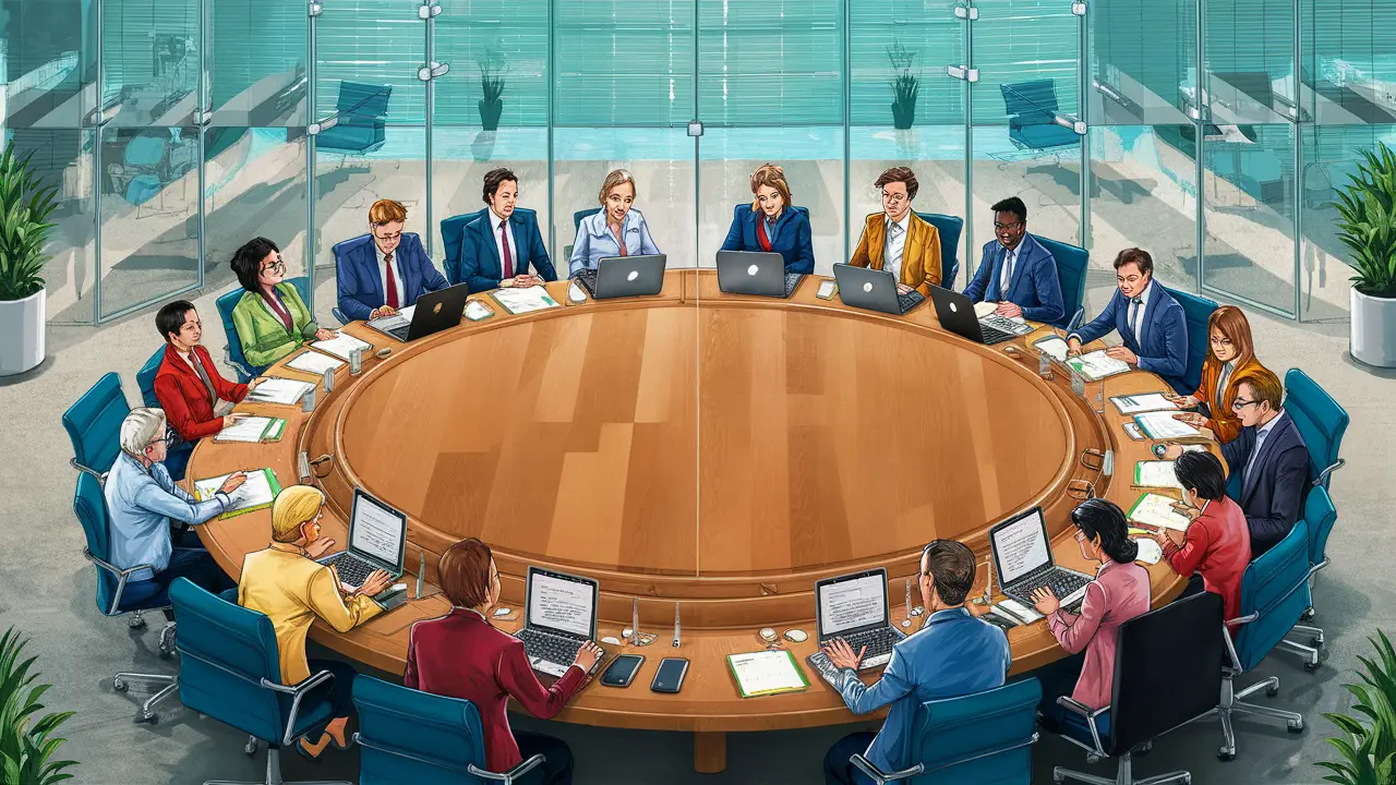 Profissionais de vendas e marketing discutindo em uma mesa de conferência moderna.