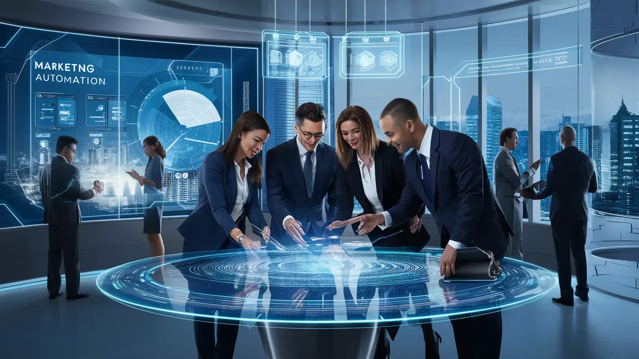 Espaço de escritório futurista com telas digitais avançadas exibindo análises de automação de marketing.