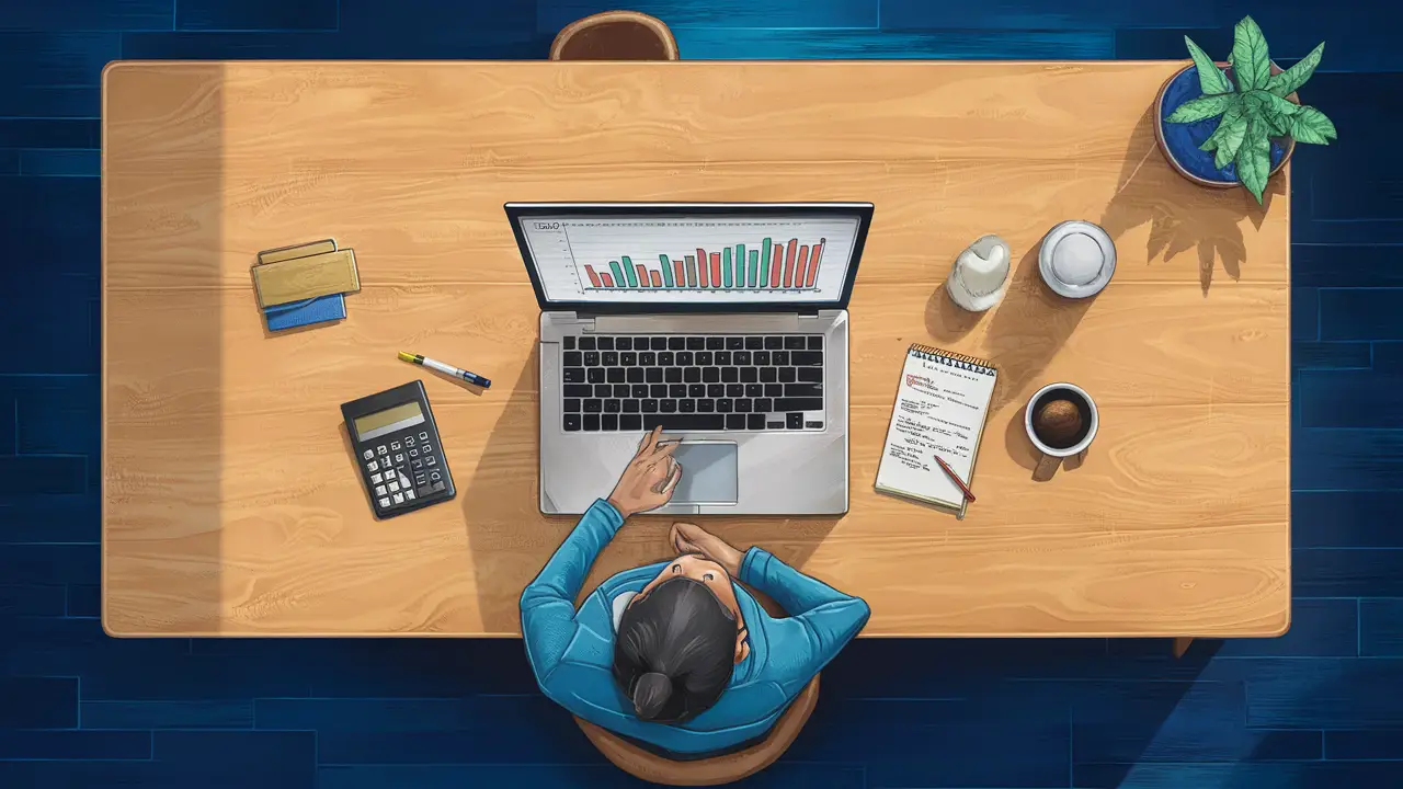 Visão aérea de uma mesa de madeira com laptop mostrando gráfico de barras, calculadora, bloco de notas e xícara de café.