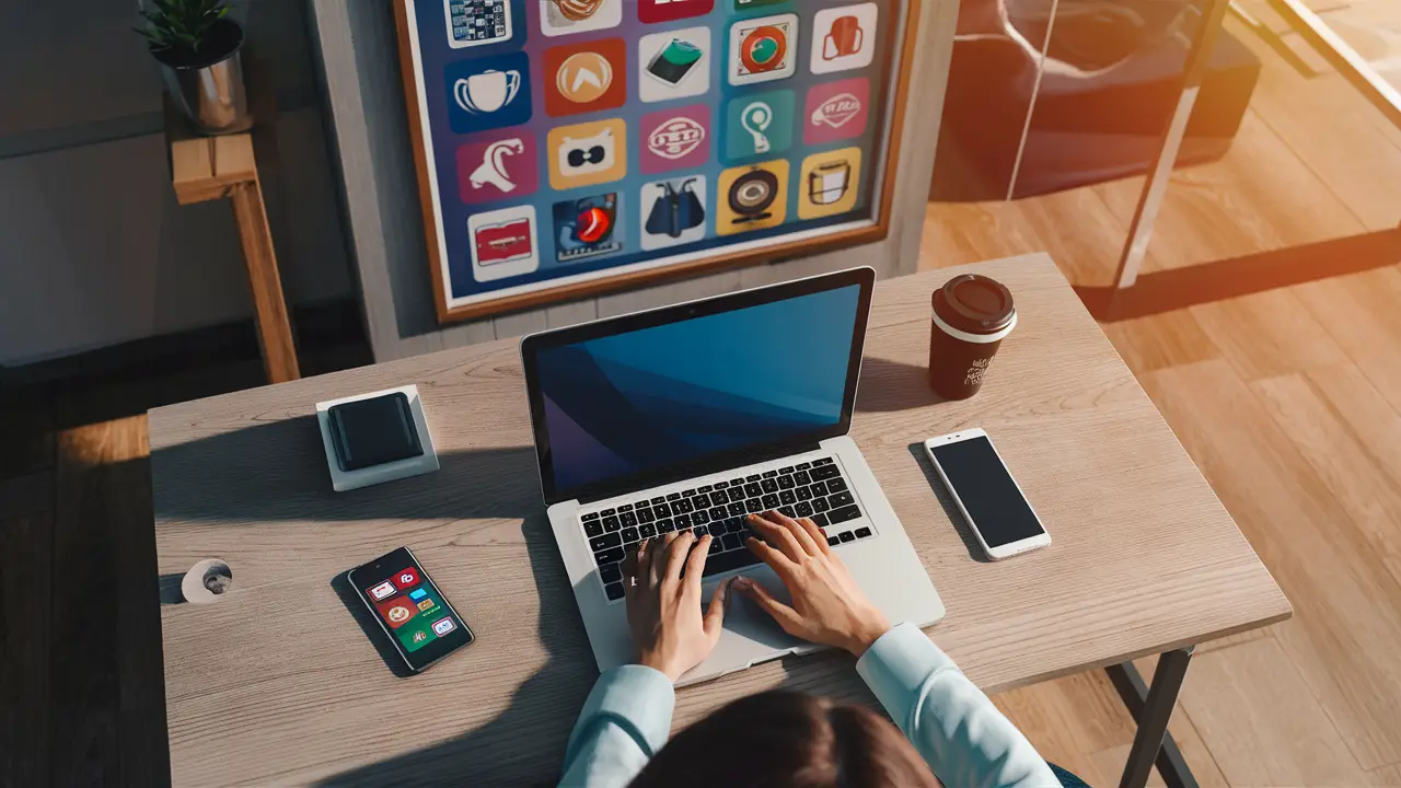 Pessoa em escritório moderno usando laptop com dois smartphones ao lado e cartaz de ícones de apps na parede.