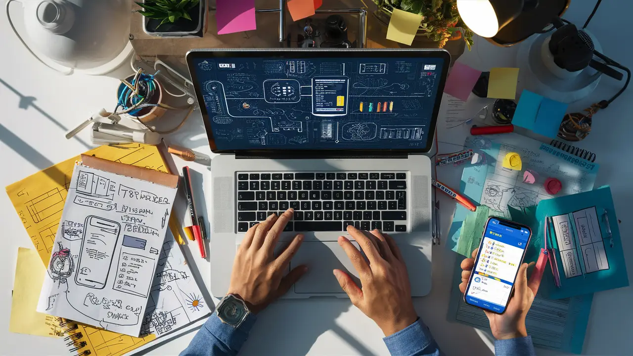 Laptop com interface de app, smartphone com resultados de teste, caderno e notas adesivas em mesa desordenada.
