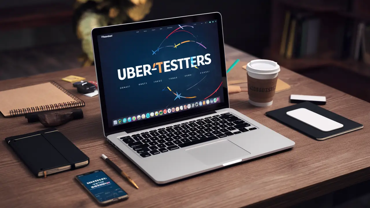 Laptop mostrando o site da Ubertesters, cercado por caderno, xícara de café e smartphone em mesa de madeira.