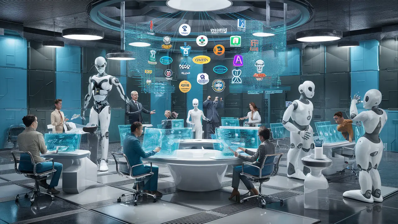 Robôs humanoides e pessoas em um escritório futurista, interagindo com telas digitais e hologramas de logos de IA.