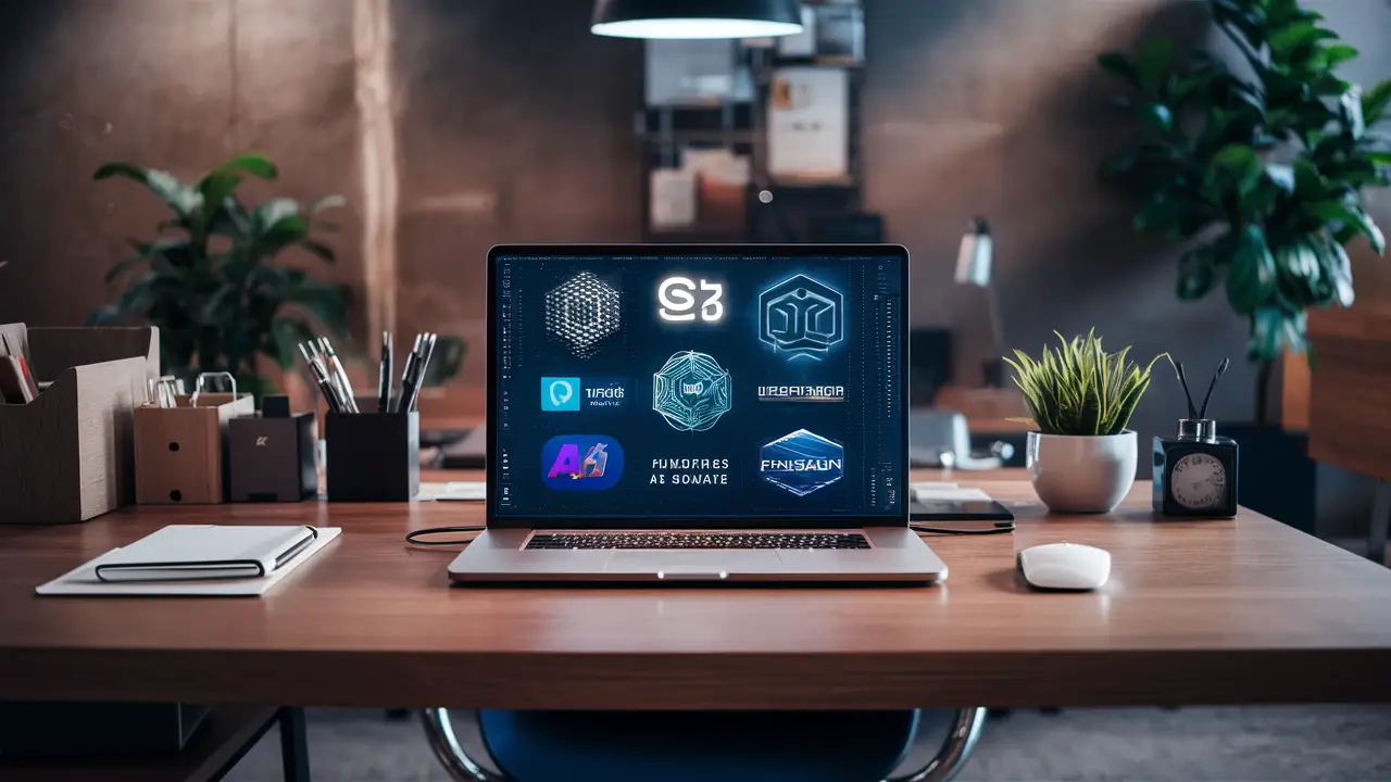 Laptop em uma mesa de escritório com logos de softwares de IA, cercado por organizadores e planta em vaso.