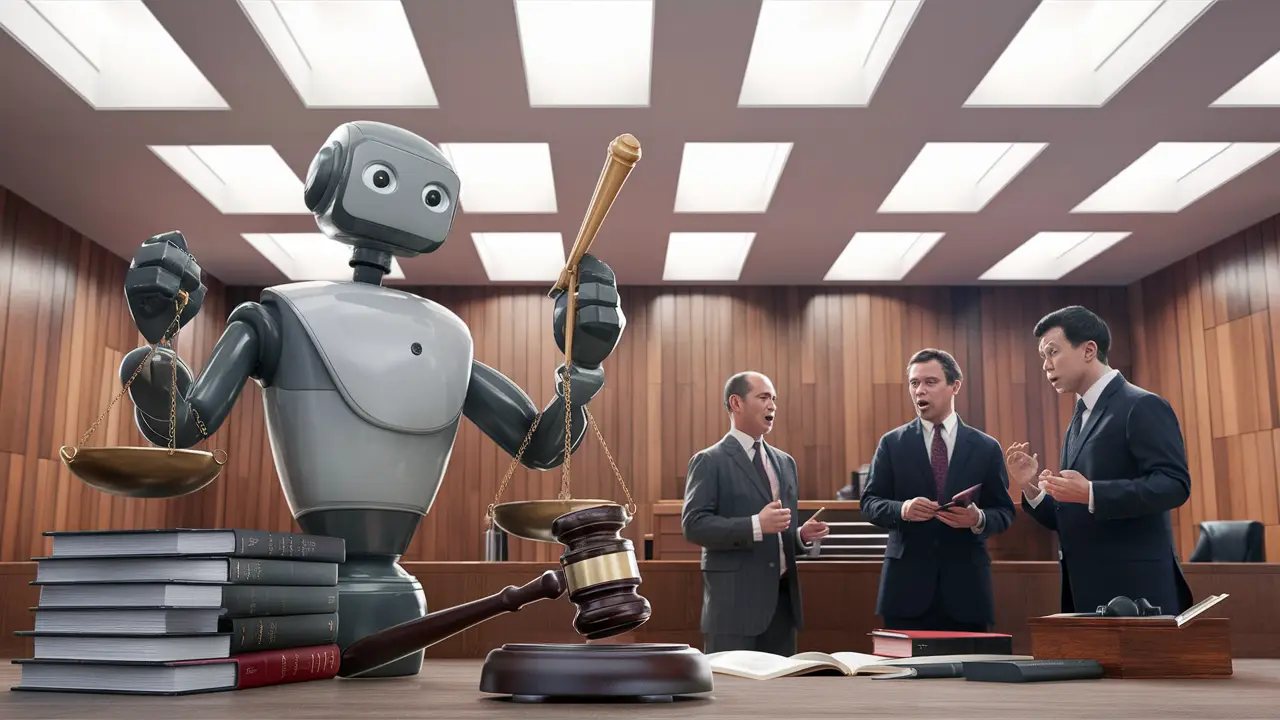 Robô antropomórfico em tribunal moderno segurando balança e martelo ao lado de livros jurídicos enquanto advogados discutem.