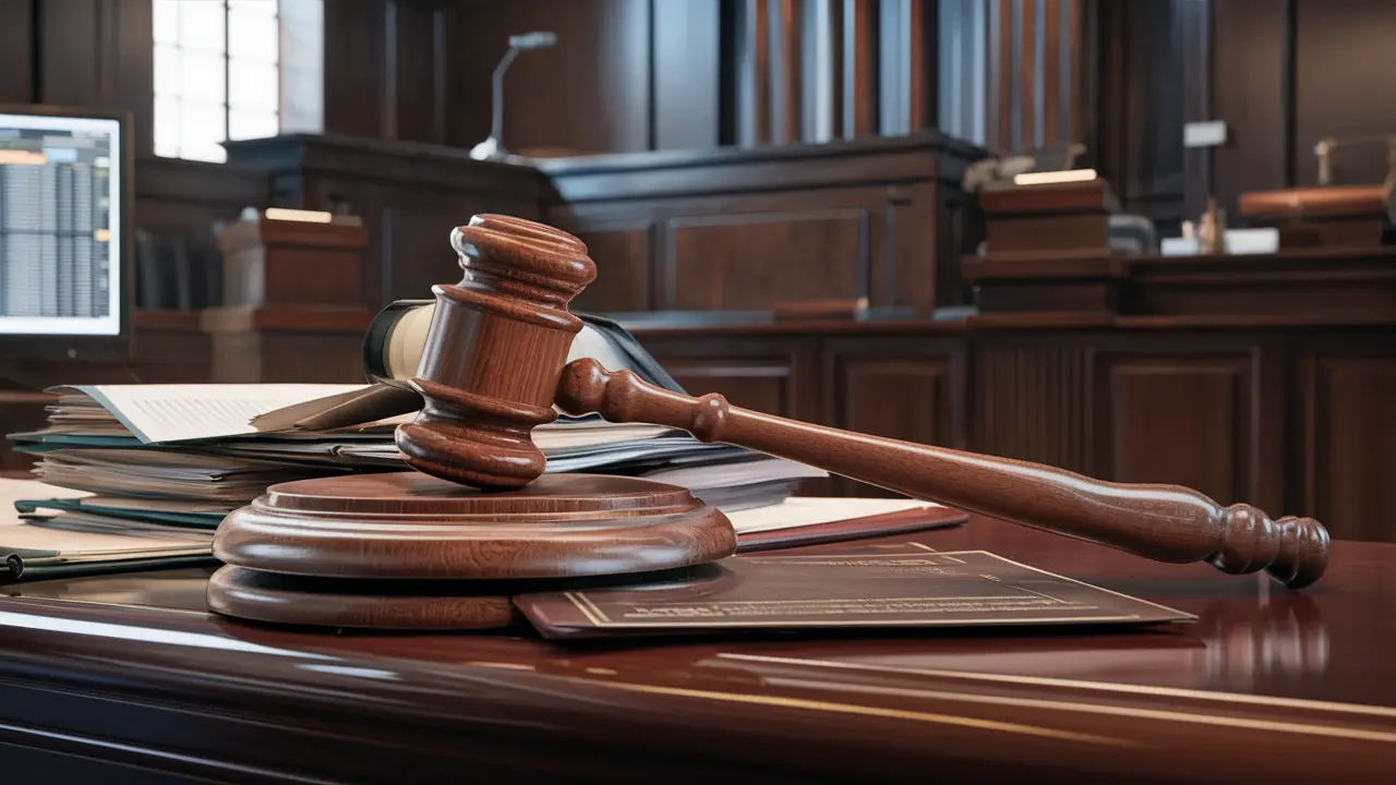 Gavel de madeira em bancada de tribunal com documentos legais e tela de computador exibindo dados.