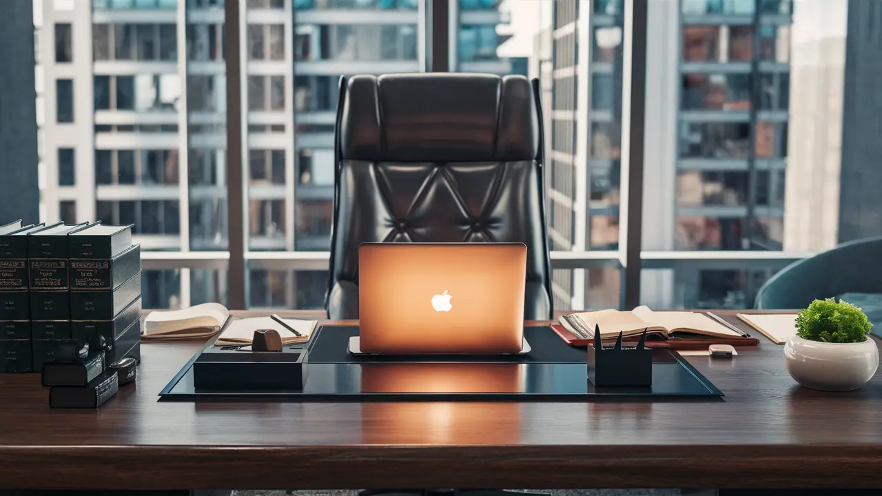 Escritório de advocacia moderno com mesa de madeira, cadeira de couro, laptop aberto e livros jurídicos empilhados.