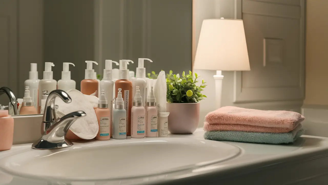 Higiene pessoal organizada em um balcão de banheiro com lubrificantes, lenços e luvas ao lado de uma toalha e planta.