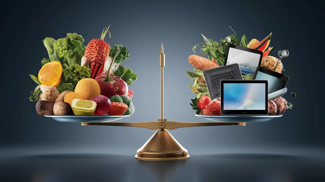 Balança equilibrada com alimentos saudáveis de um lado e dispositivos digitais do outro.