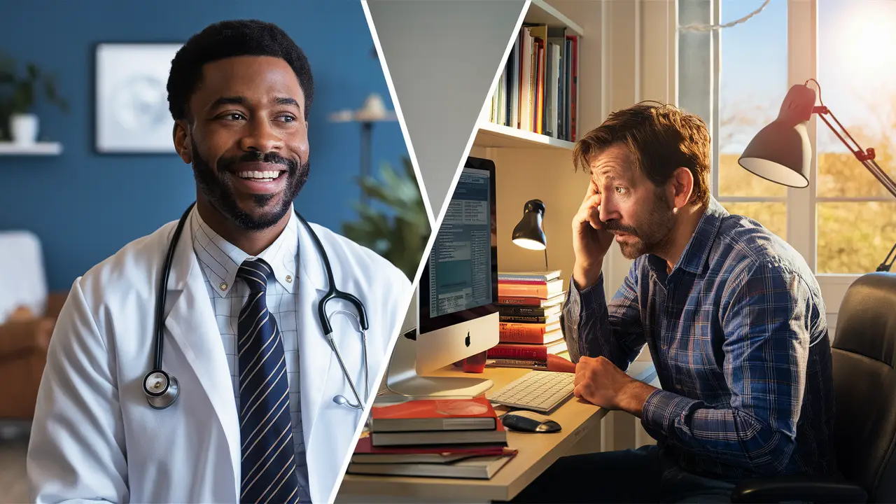 Médico sorridente de jaleco ao lado de homem preocupado em frente ao computador, com livros e lâmpada na mesa.