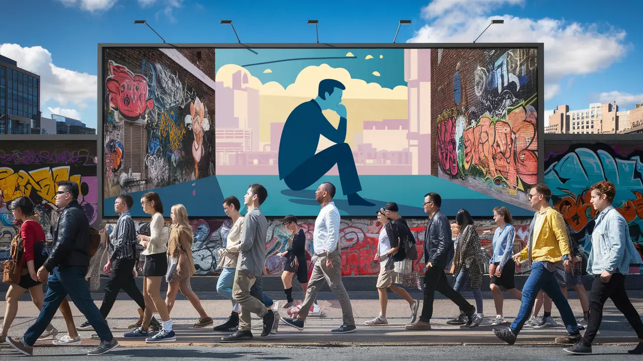 Pessoas de diferentes idades passam por outdoor com imagem estilizada de homem pensativo, cercado por arte urbana vibrante.
