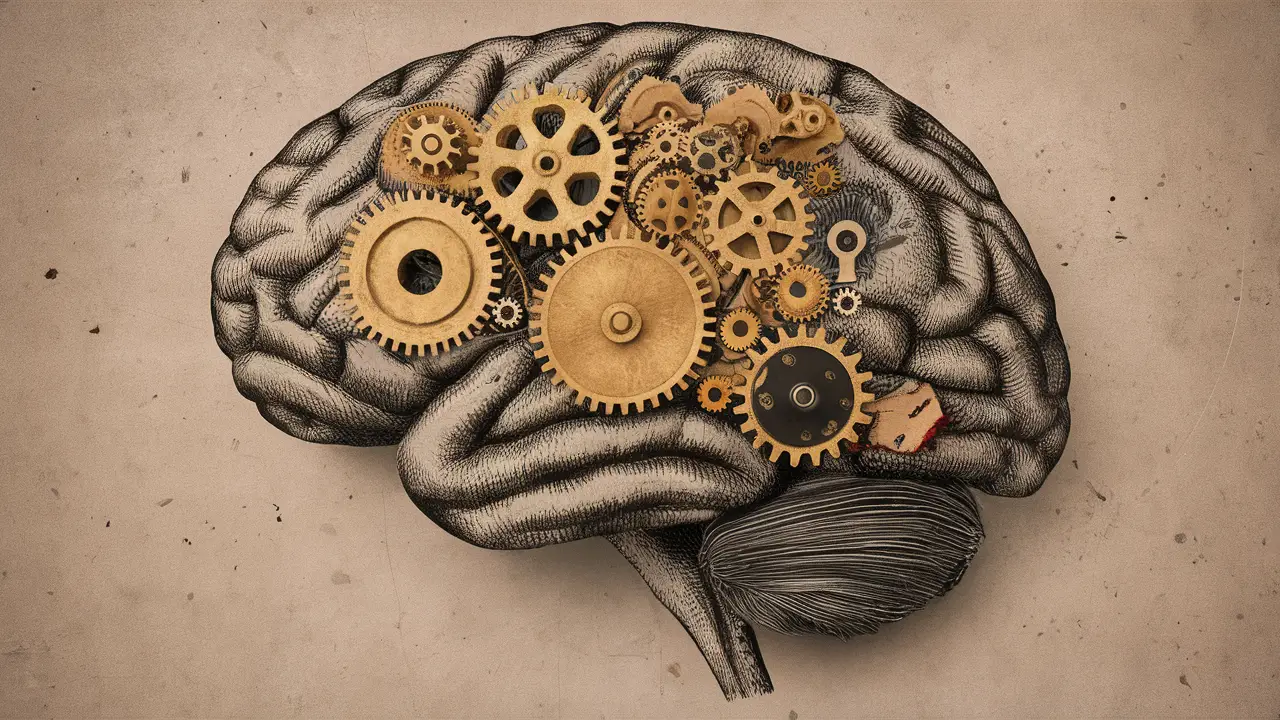 Desenho anatômico detalhado de um cérebro humano com engrenagens internas simbolizando processos psicológicos.