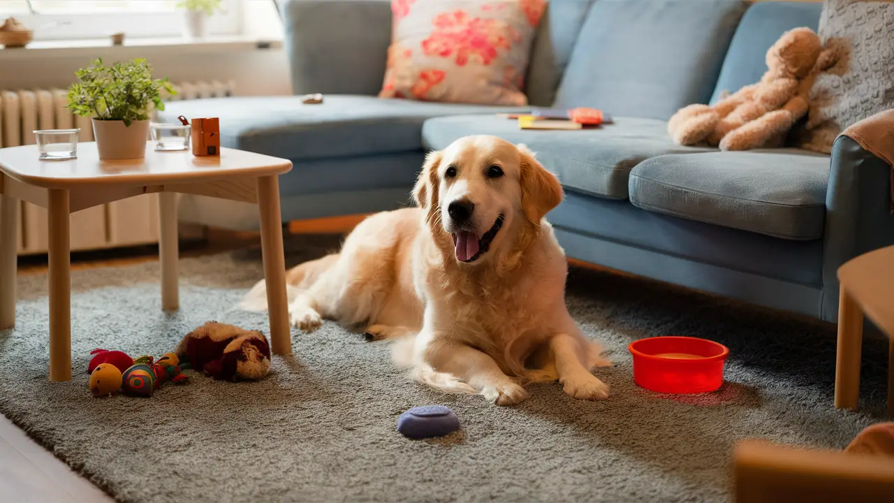 Golden retriever deitado em carpete azul, cercado por brinquedos, tigela de água e planta em mesa de madeira.