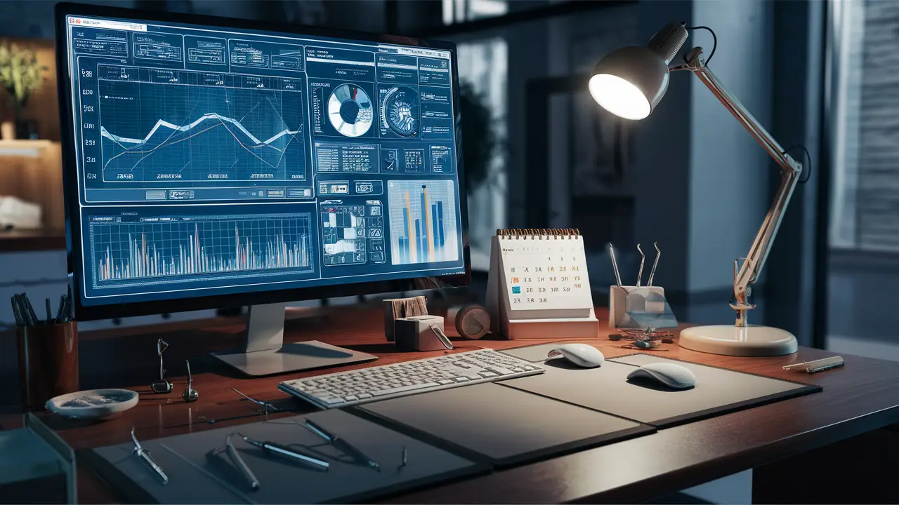 Computador com gráficos e instrumentos odontológicos sobre mesa de madeira.