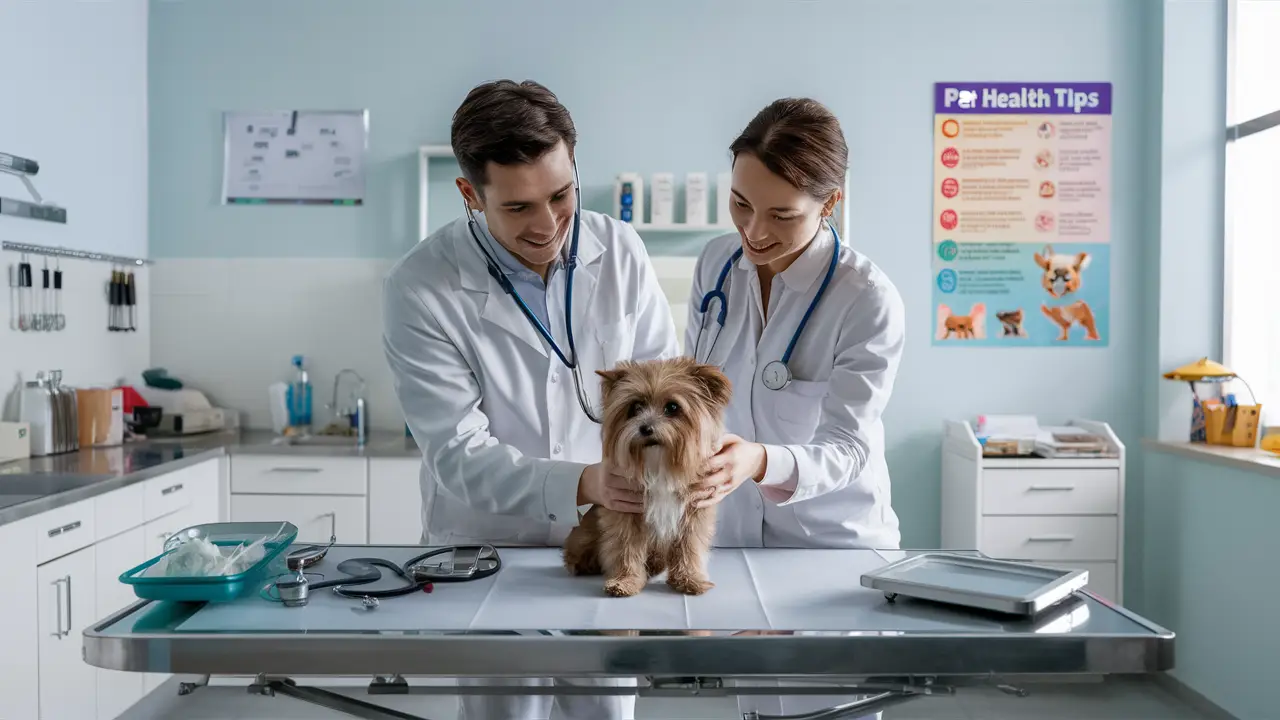 Veterinário examinando cão pequeno em mesa de exame com equipamentos médicos na clínica.