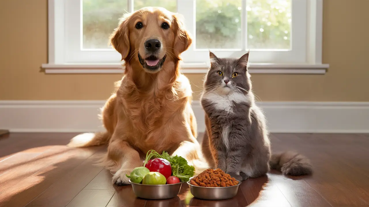 Cachorro golden retriever e gato cinza diante de tigela com vegetais frescos e ração em sala iluminada.