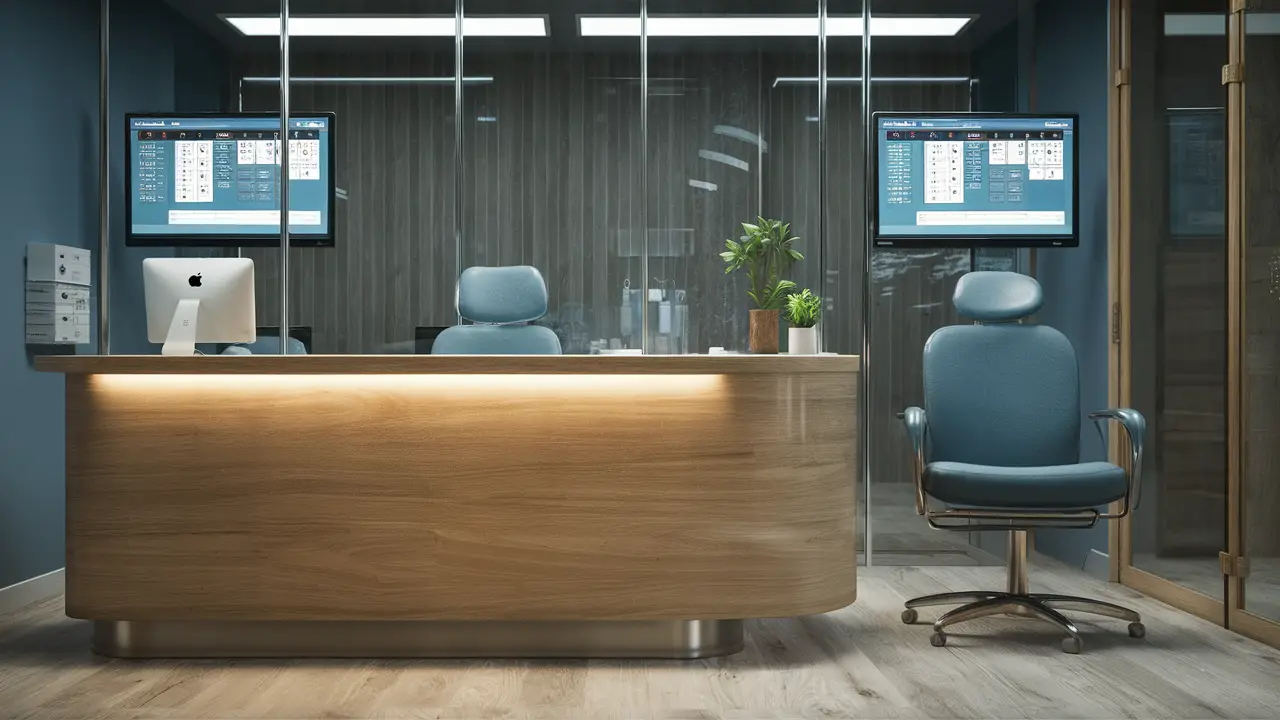 Recepção moderna de consultório odontológico com mesa de madeira clara, tela de computador e cadeira azul.