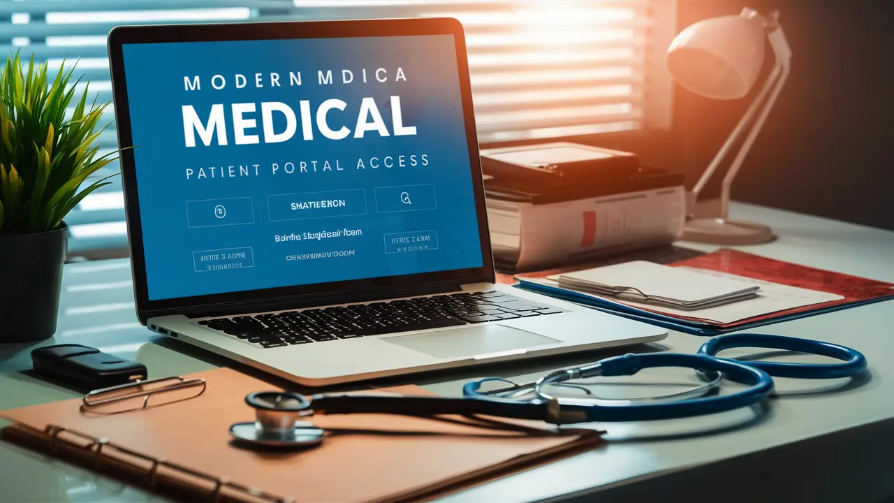 Homepage de site médico moderno em laptop com botões de navegação, portal do paciente e informações de contato.