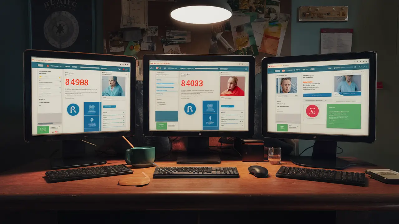 Três interfaces de sites médicos diferentes em monitores sobre uma mesa de madeira, mostrando layouts e cores variadas.