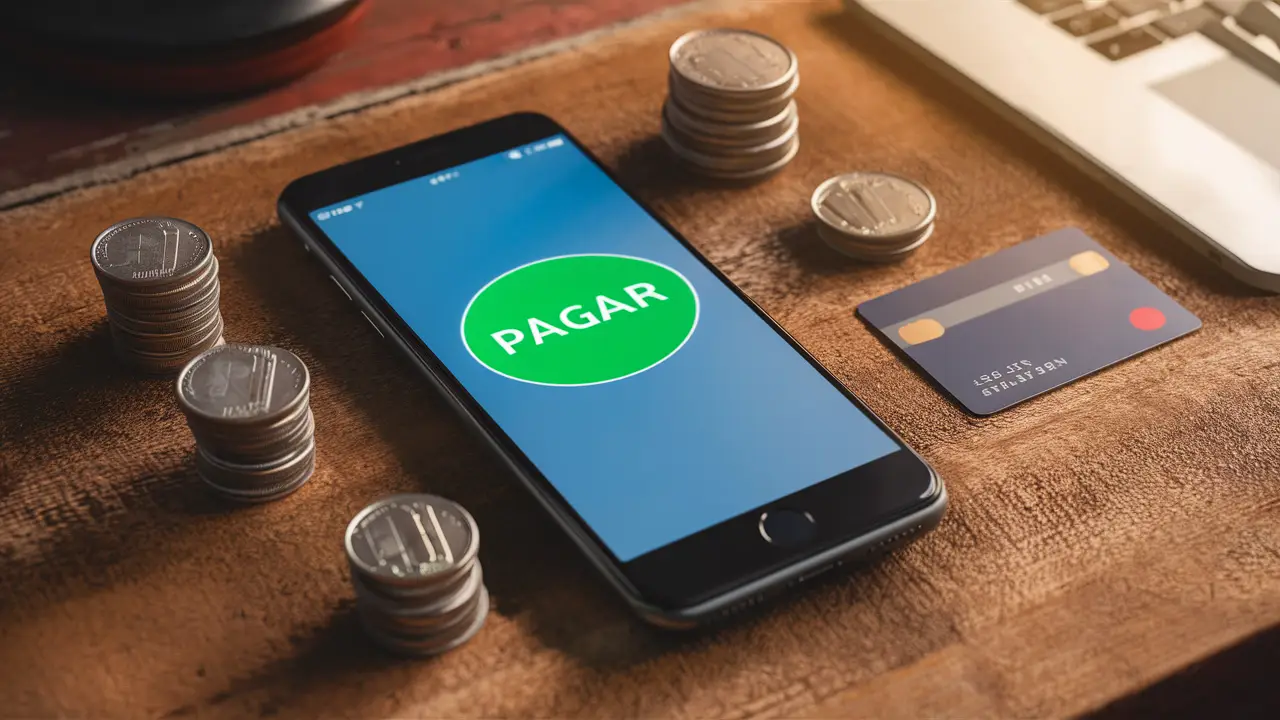 Smartphone com tela de app mostrando botão verde 'Pagar', cercado por pilhas de moedas e um cartão de crédito.