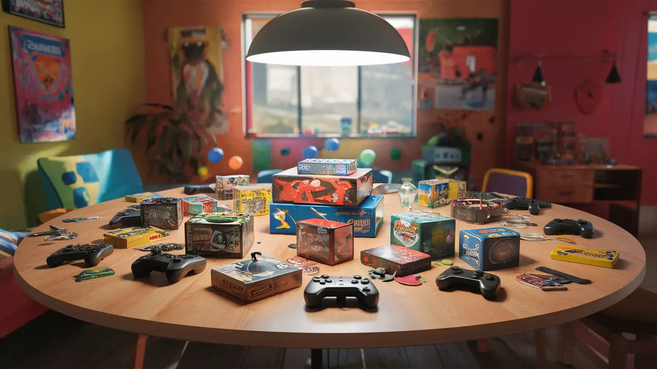 Vários mini jogos de tabuleiro e controles de videogame sobre uma mesa de madeira em uma sala iluminada e colorida.