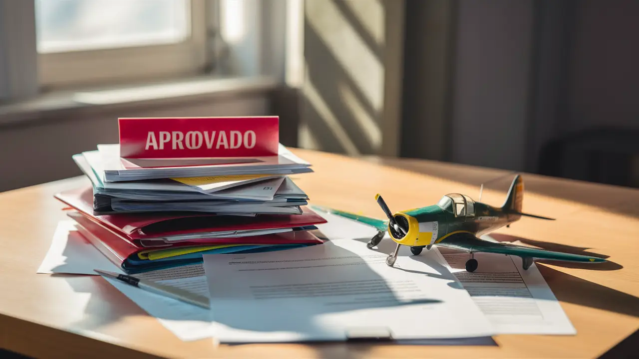 Documentos coloridos com carimbo 'Aprovado' e miniatura de avião em escritório claro.