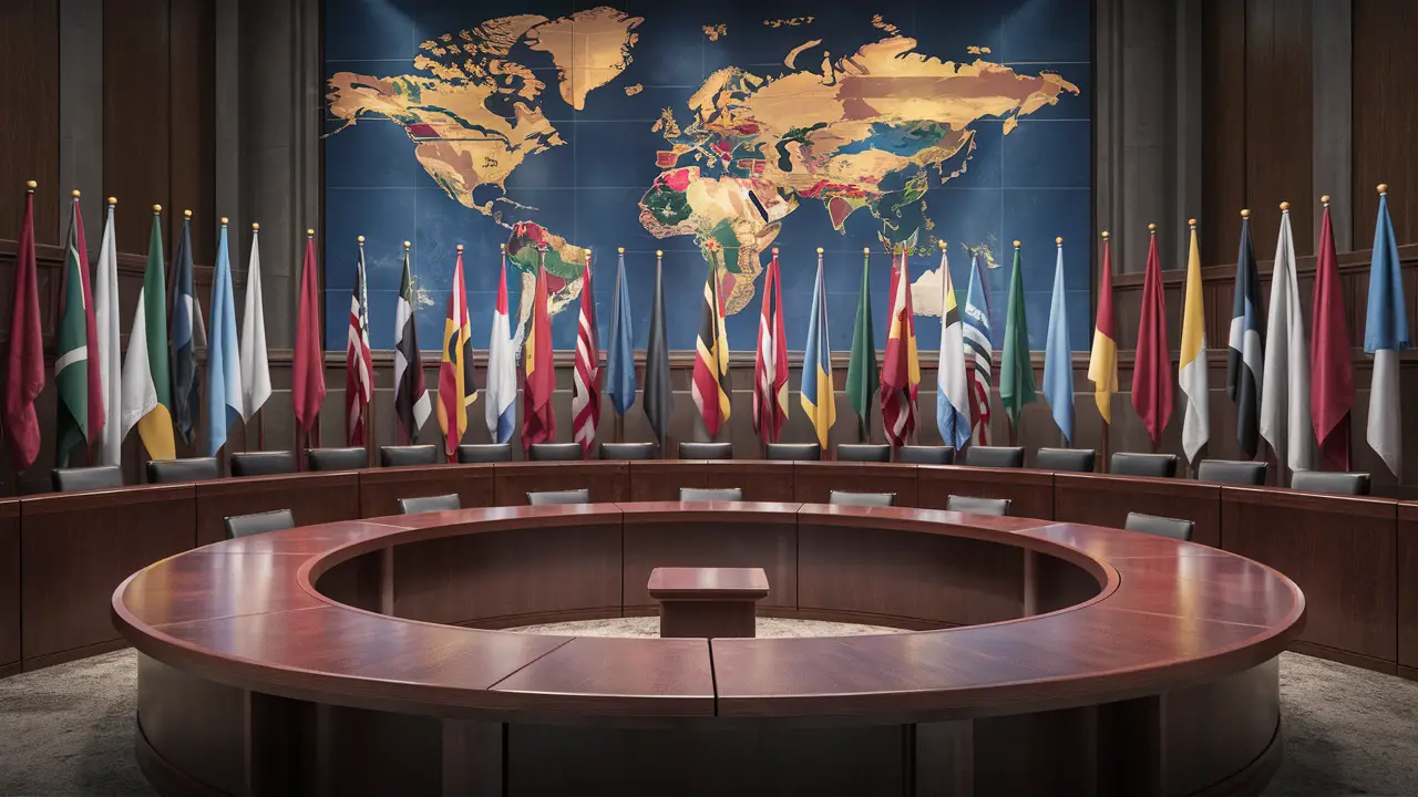 Mesa redonda em tribunal com bandeiras internacionais e mapa-múndi ao fundo.