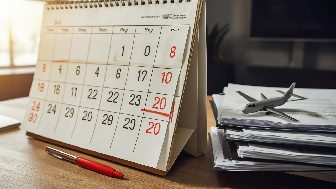 Calendário grande com datas destacadas e documentos legais com ícone de avião em uma mesa de madeira.