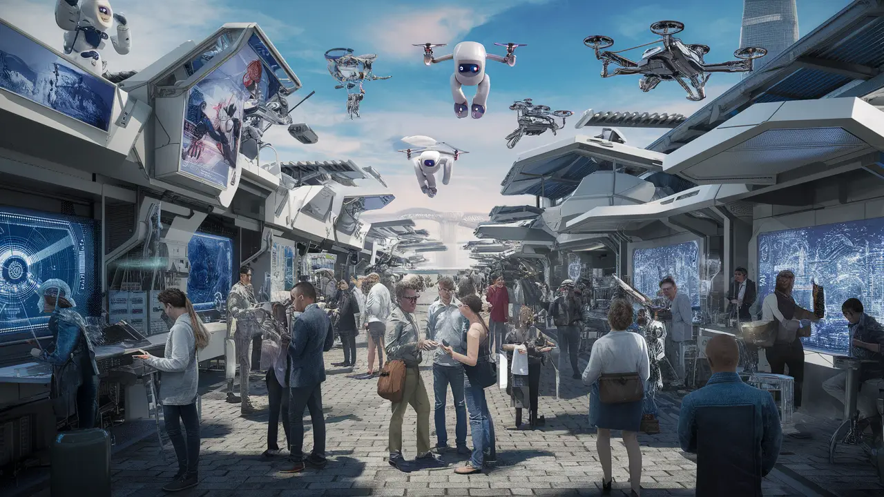 Mercado futurístico com robôs e drones interagindo com pessoas sob um céu azul claro.