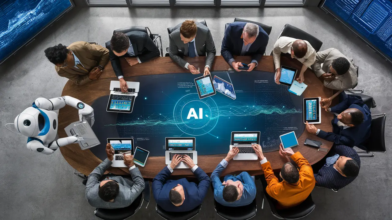 Profissionais de diferentes setores em reunião com visualizações de dados em laptops e tablets.