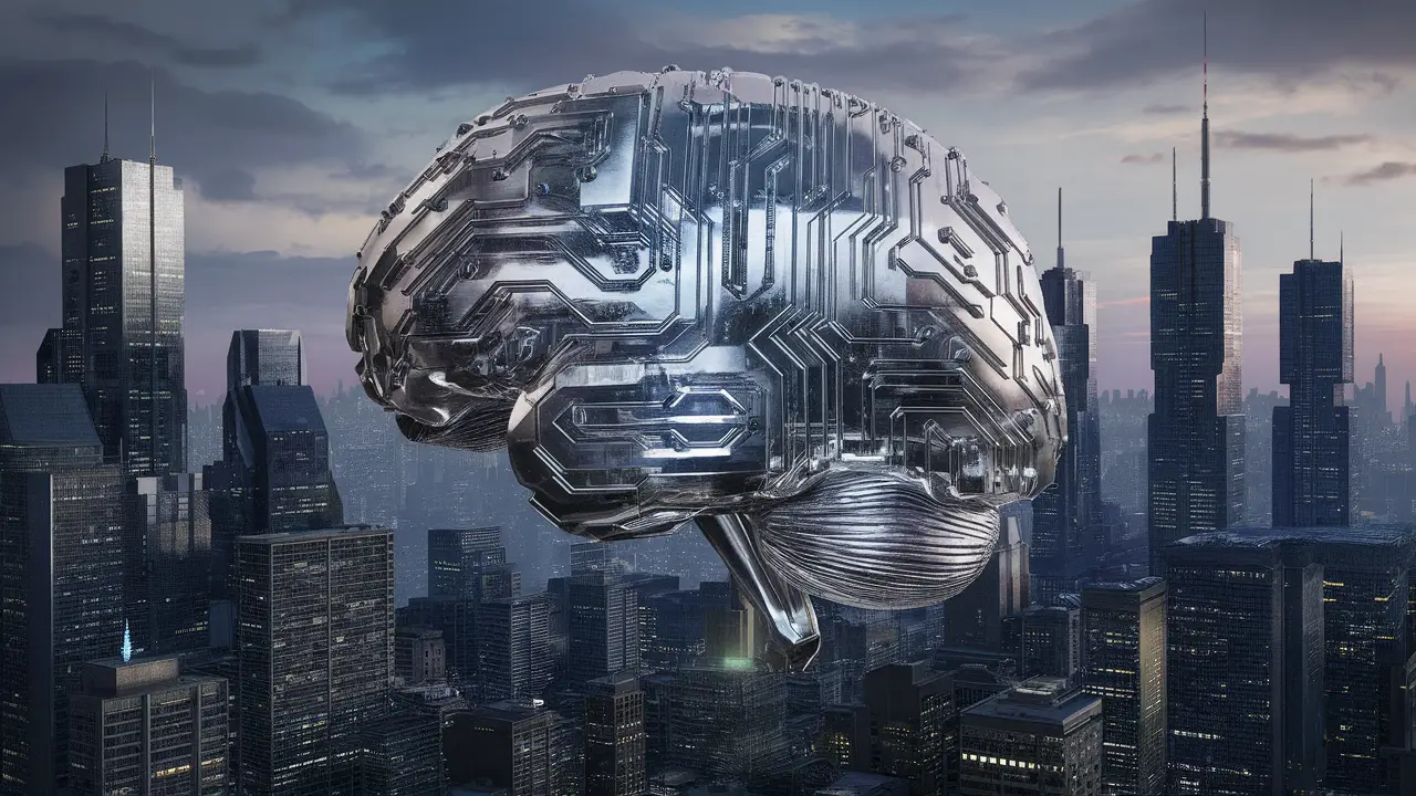 Cérebro cibernético metálico pairando sobre arranha-céus em cidade futurista ao entardecer.