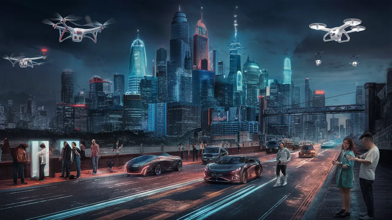 Cidade futurista à noite com arranha-céus iluminados por neon, drones e veículos autônomos nas ruas.