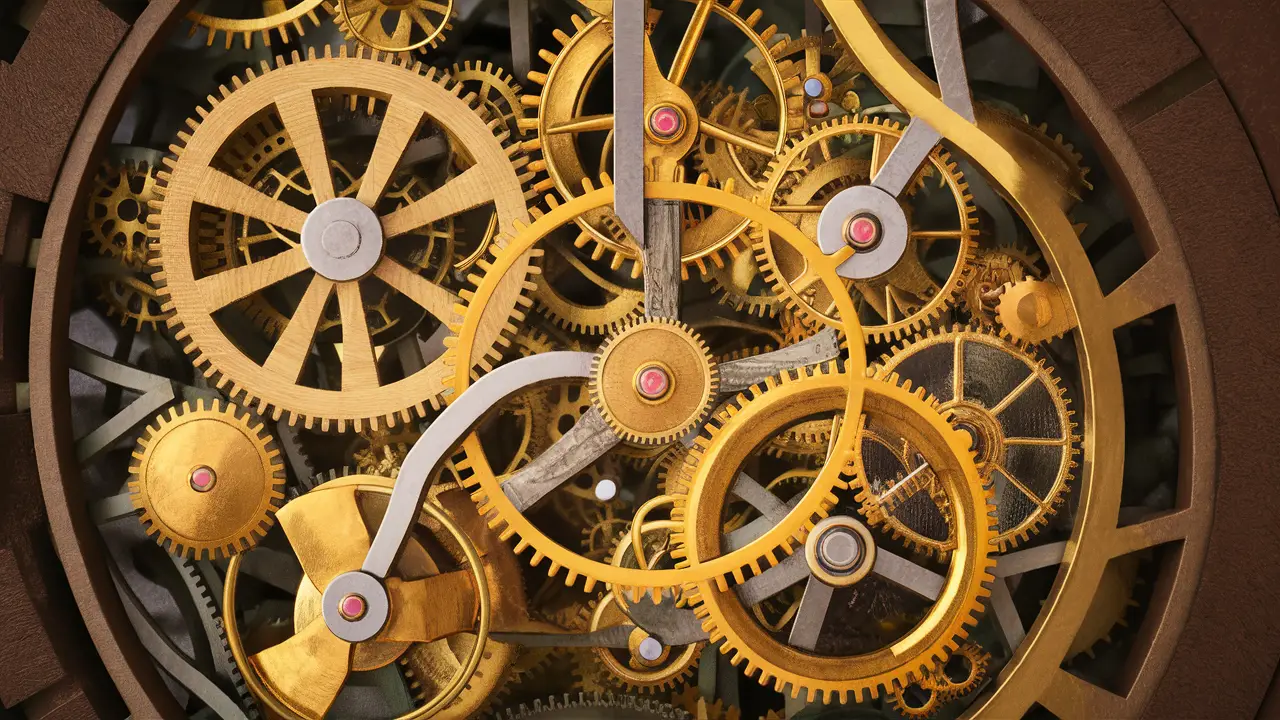 Engrenagem de mecanismo de relógio com peças de latão e aço em movimento harmonioso.