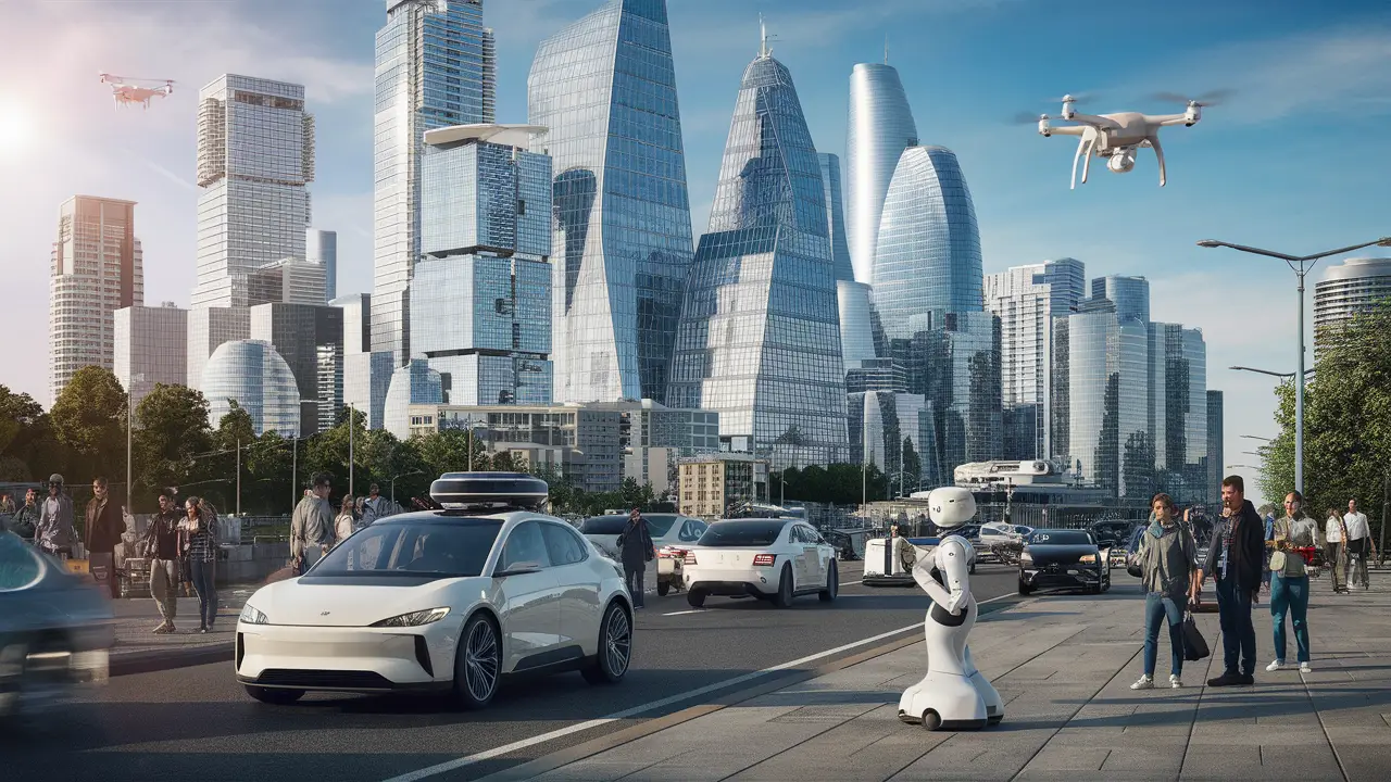 Veículos autônomos e drones em uma cidade futurista com arranha-céus de vidro e aço.