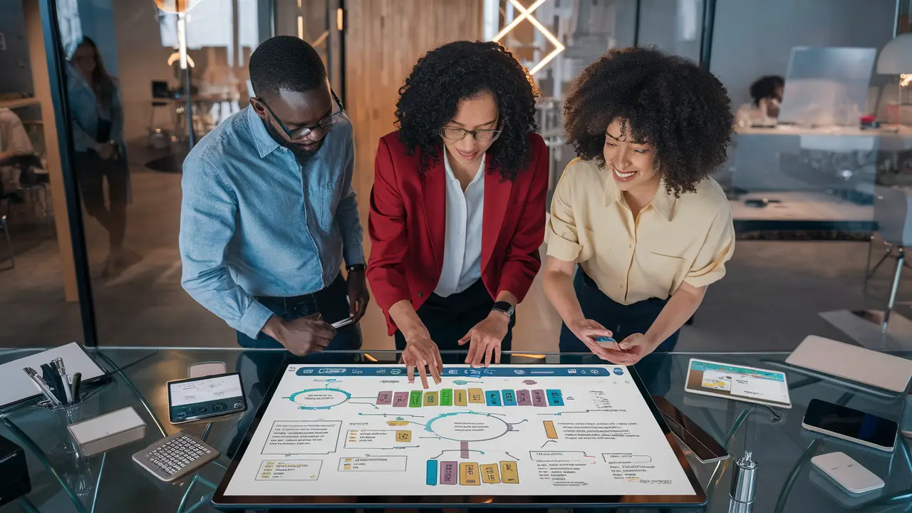 Profissionais colaborando em uma interface de tela sensível ao toque com diagramas coloridos em um escritório moderno.
