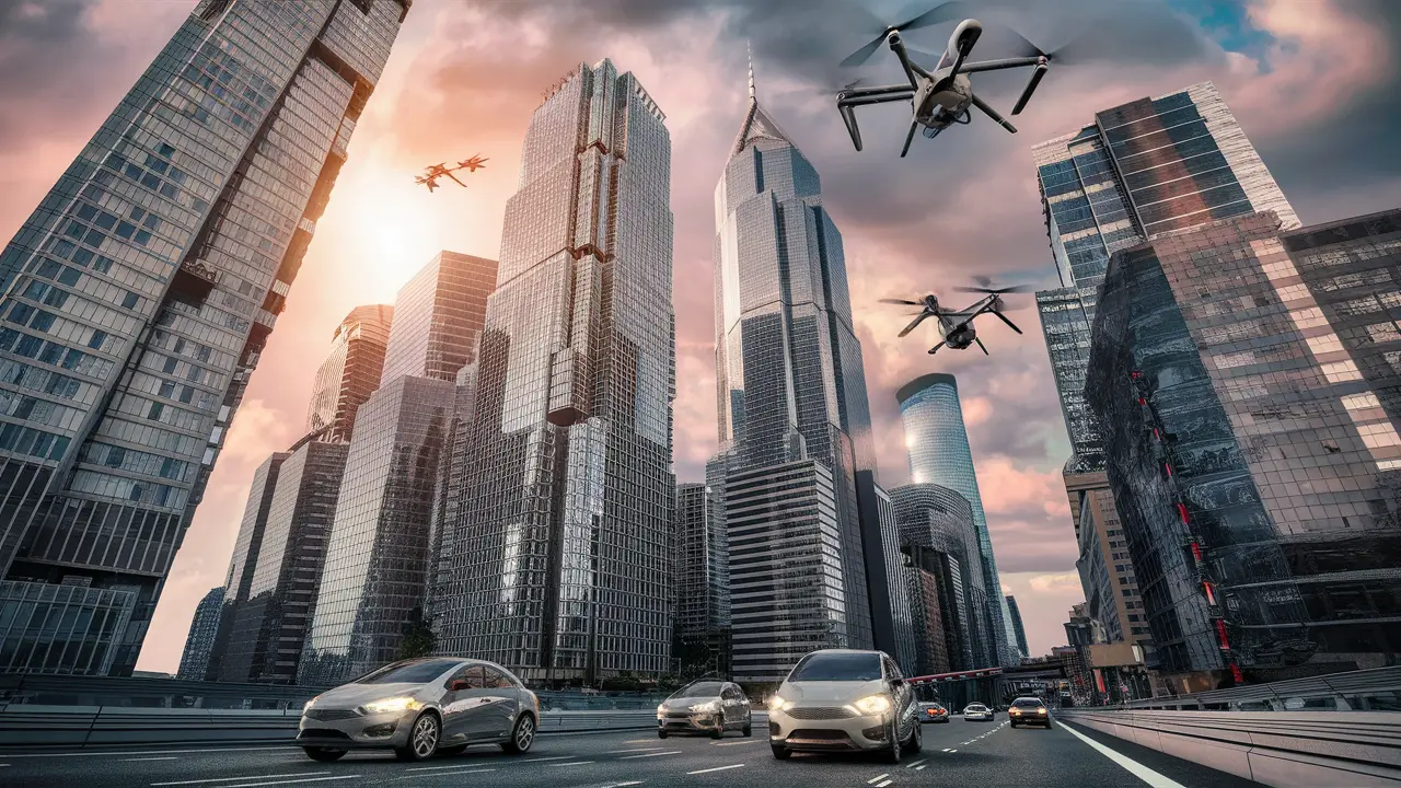 Cidade com arranha-céus de vidro e aço, drones no céu e veículos autônomos na estrada.