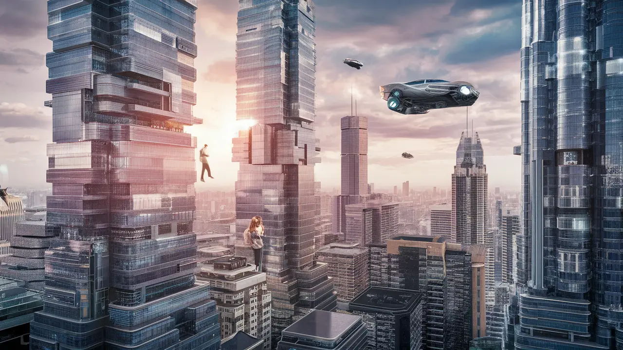 Cidade futurista com arranha-céus de vidro e aço, carros voadores no céu e pessoas usando dispositivos digitais avançados.