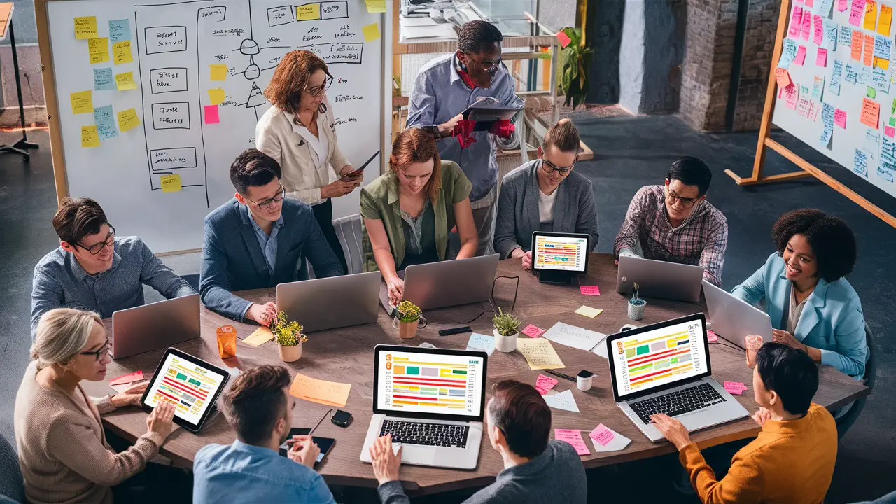 Colaboradores diversos em escritório moderno, usando laptops e tablets com interfaces coloridas e quadros de notas e fluxogramas.