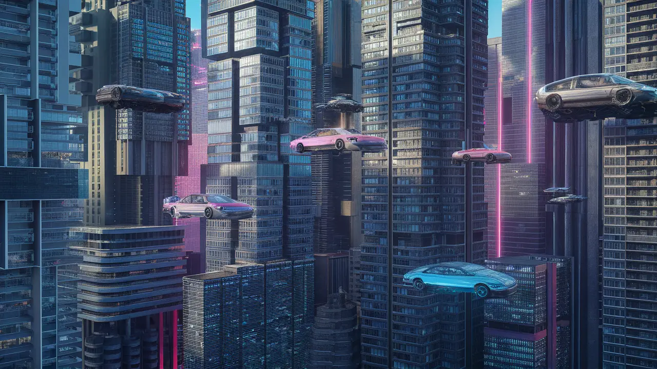 Cidade futurista com arranha-céus de vidro e aço, carros voadores e luzes neon azuis e rosas.