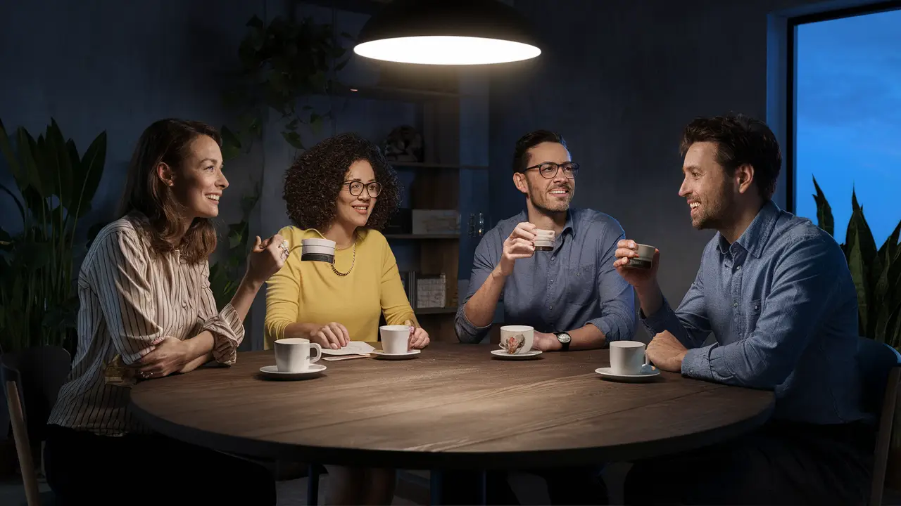 Pessoas conversando ao redor de uma mesa redonda com xícaras de café, em uma sala iluminada com plantas e janela ao fundo.